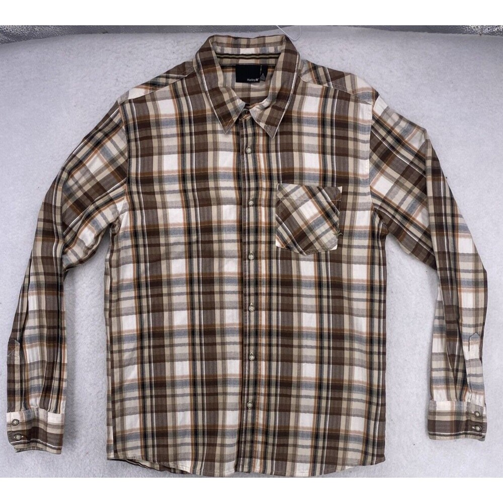 Hurley Mens Large Plaid Flannel Button Up Shirt Brown White Cotton Long Slv Y2K